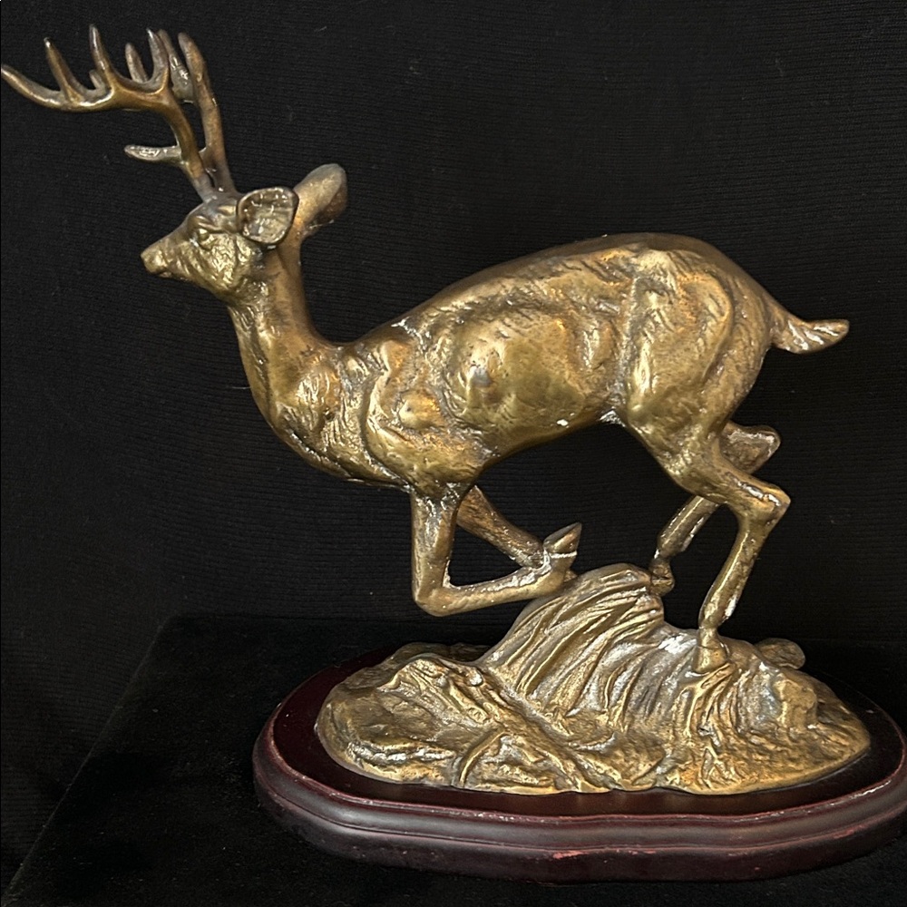 VTG Solid Brass on Wood Base  Deer Sculpture made in Korea
